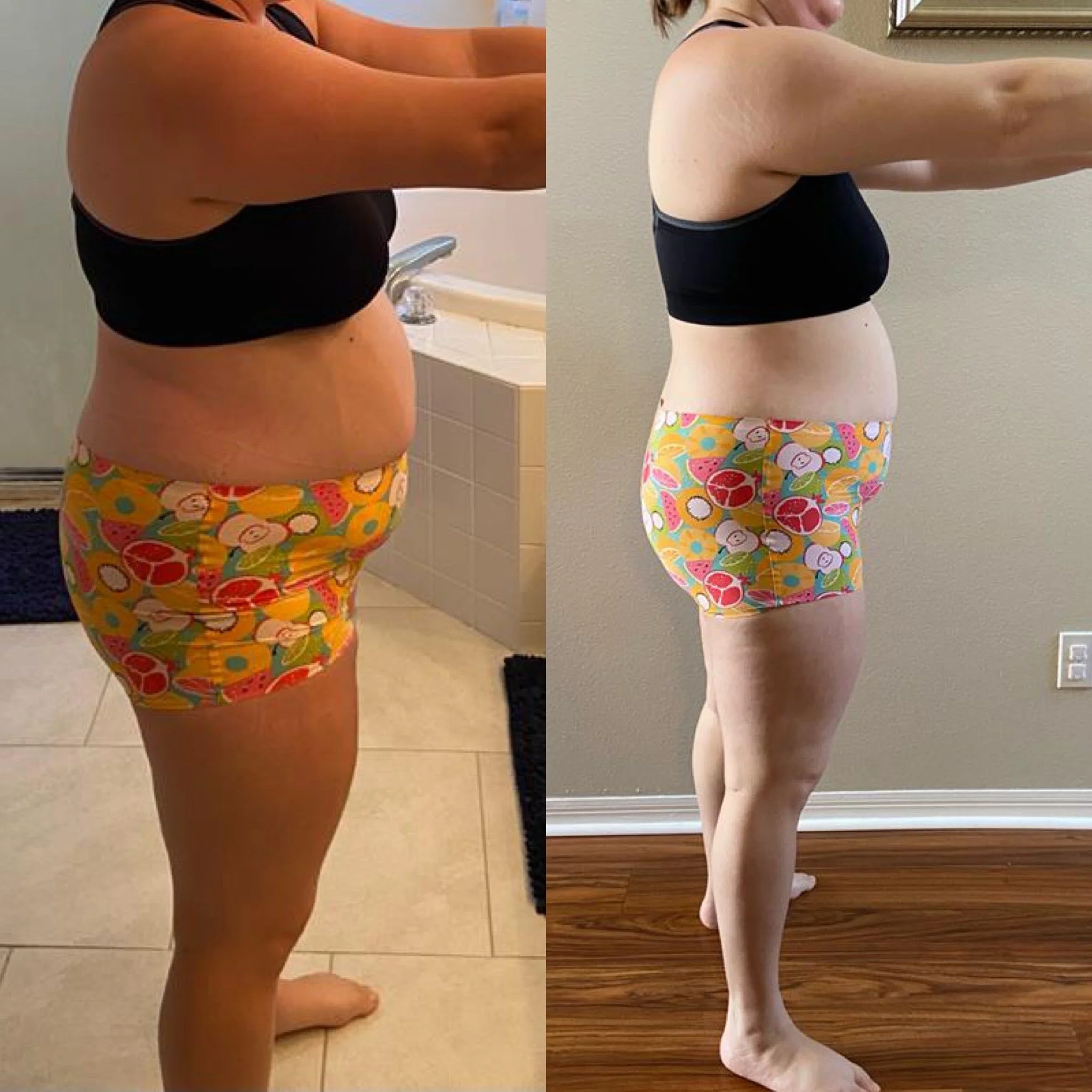 Side-by-side comparison of a woman before and after weight loss, wearing black sports bra and colorful shorts, illustrating her physical transformation.