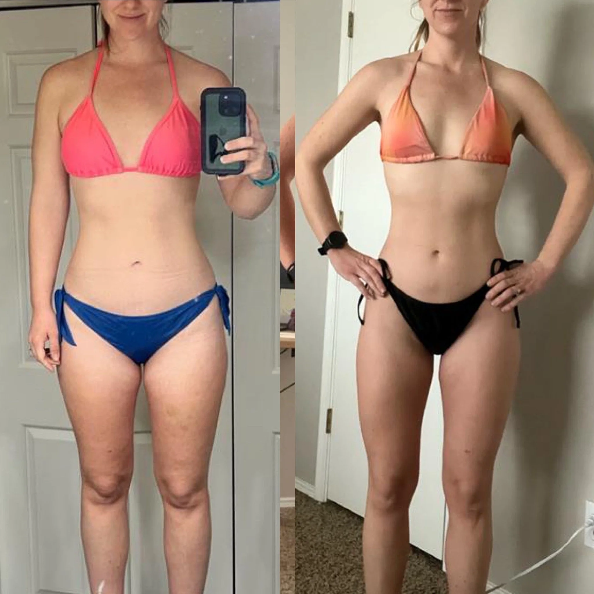 Side-by-side comparison of a woman in a pink bikini top and blue bikini bottom on the left and in a peach bikini top and black bikini bottom on the right, showing a fitness transformation.