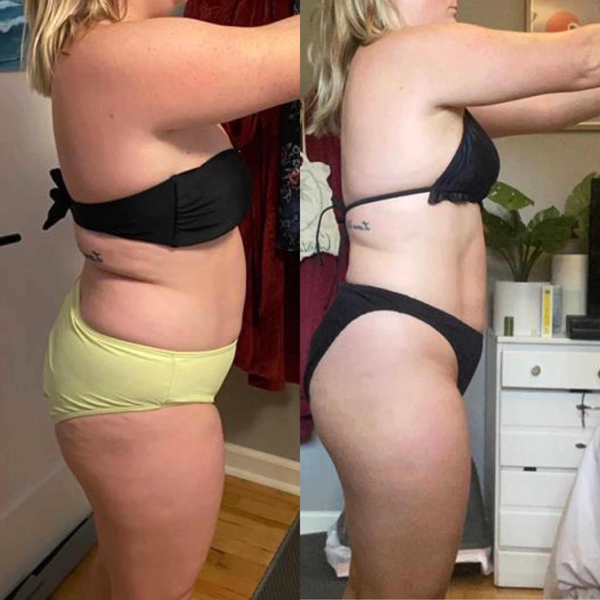 Side-by-side comparison photo of a woman's body showing weight loss progress, with a visible reduction in abdominal and waist size.