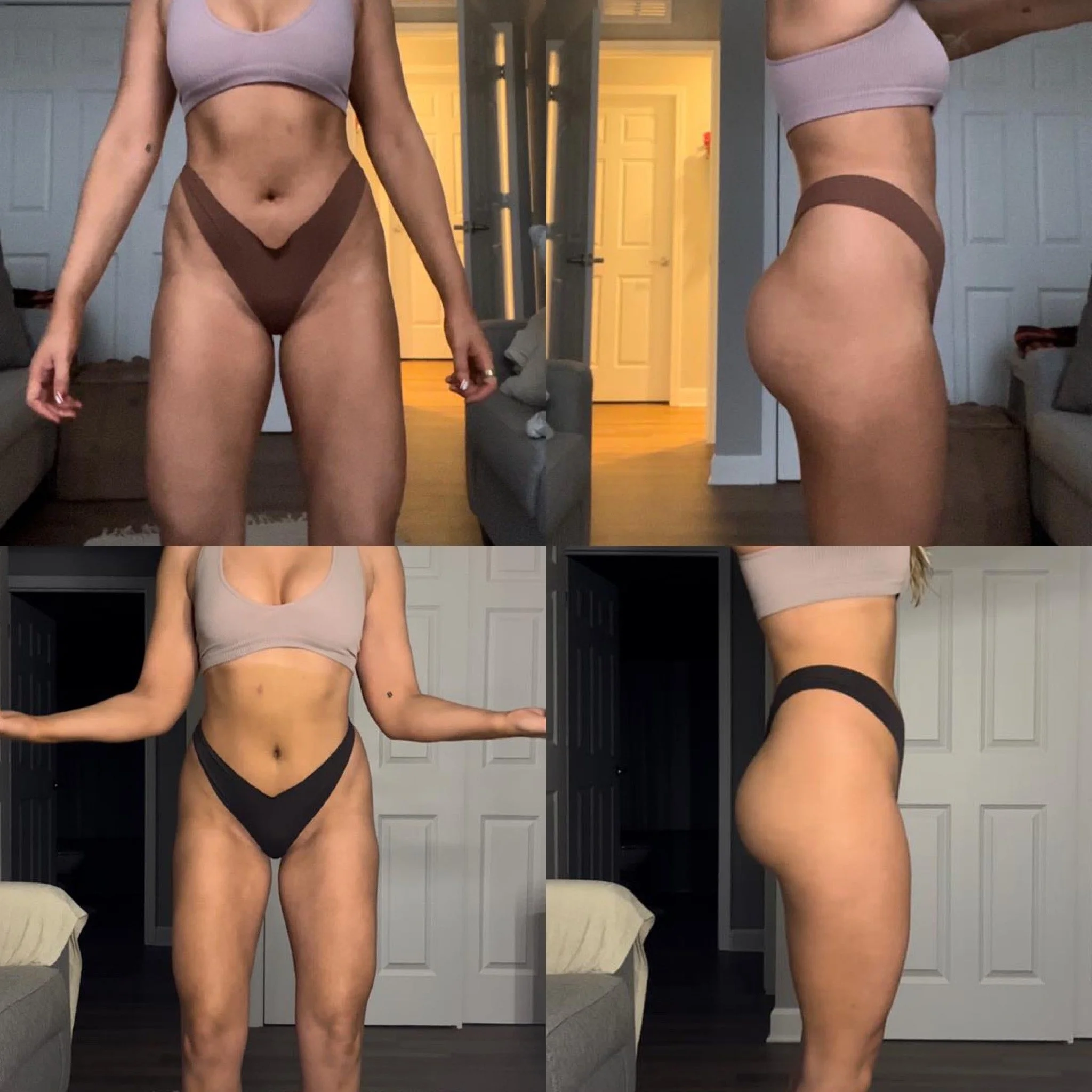 Before and after photos showing a woman's body transformation, with side and front views, highlighting changes in muscle tone and body shape.
