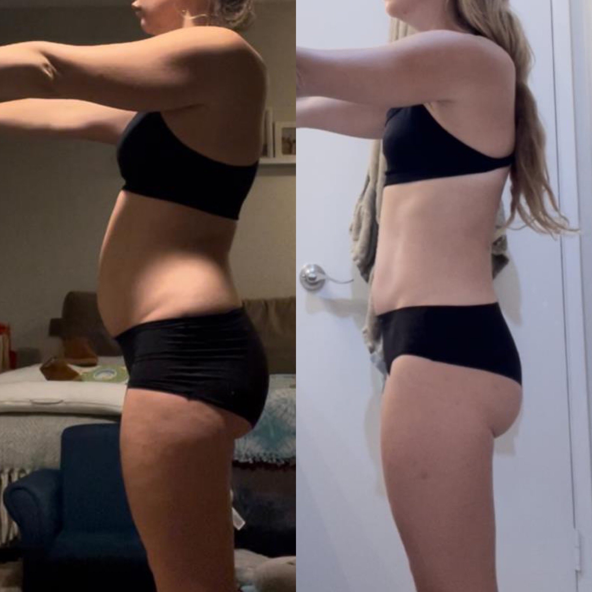 Side-by-side comparison of a woman before and after body transformation, showing weight loss progress, wearing black sports bra and shorts in both images.
