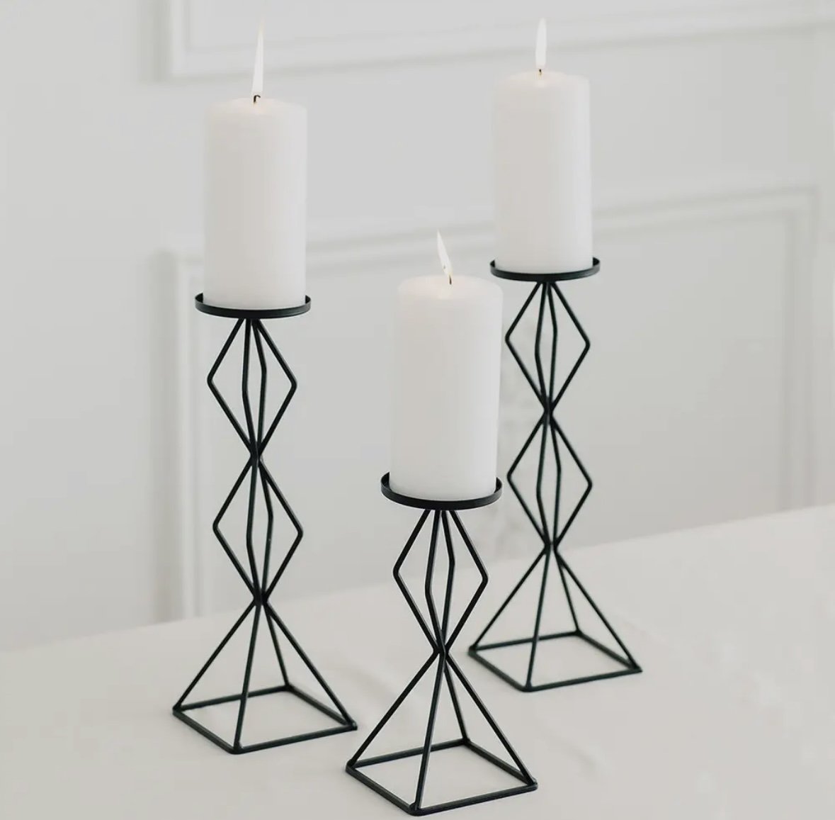 Tall Black Geo Pillar Candle Holder Set