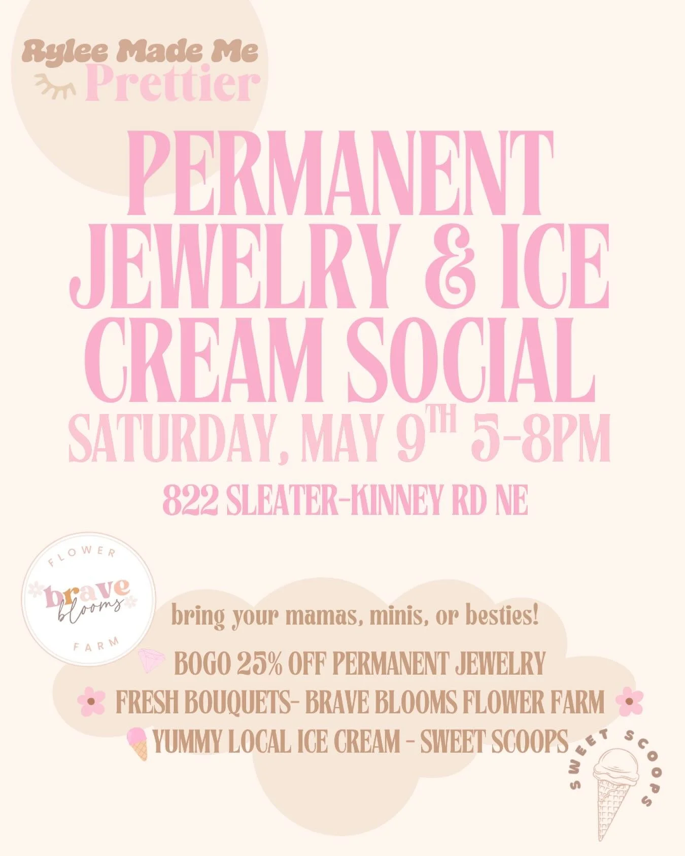 Mark your calendars 🌸🍦 

I&rsquo;m so excited to be collaborating with my cousin @ryleemademeprettier for her Permanent Jewelry + Ice Cream Social event!

Beautiful bouquets from Brave Blooms will be available just in time for Mother&rsquo;s Day, a