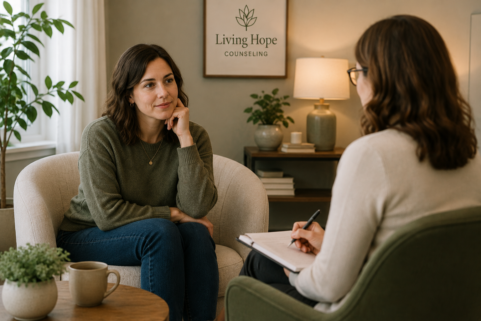 A woman in a gray sweater and blue jeans sitting on a beige armchair during a counseling session with a therapist in an office decorated with plants, books, a lamp, and a sign that reads 'Living Hope Counseling.'