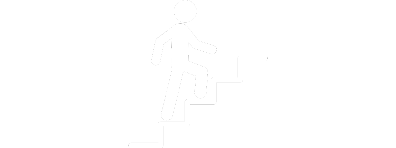 White icon of a person climbing stairs on a black background.