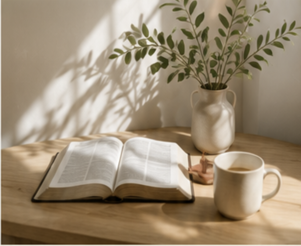 Open Bible, white mug of coffee, and a vase with leafy green plant on a wooden table, with sunlight casting shadows on the wall.
