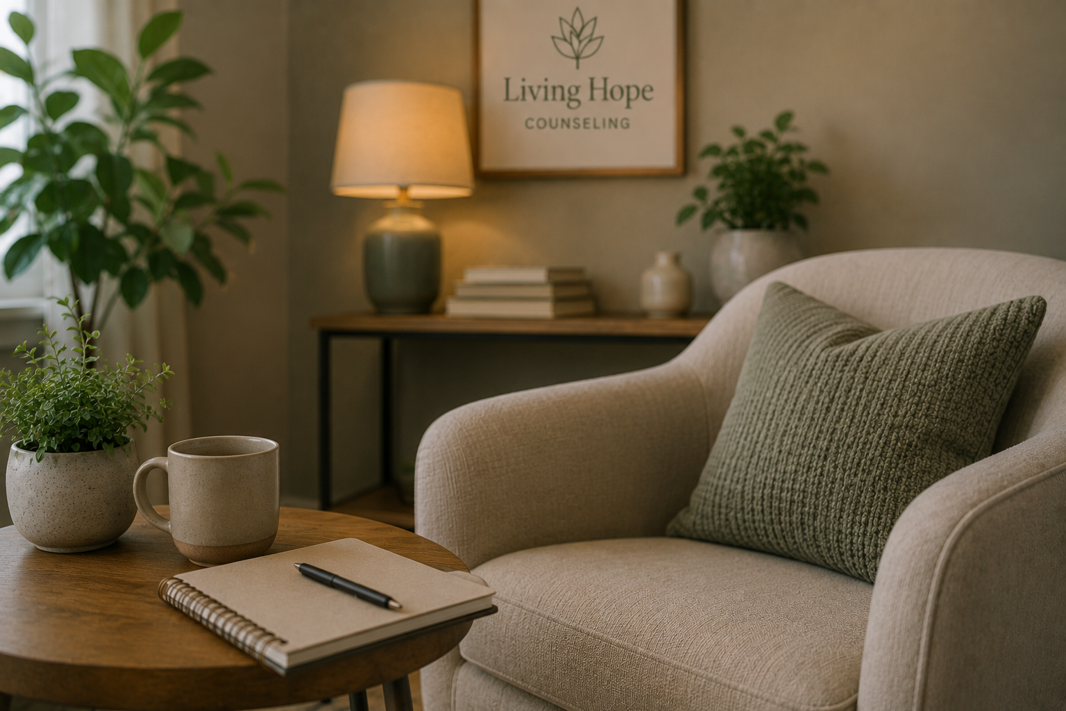 A cozy counseling room with a beige armchair, a green pillow, a wooden coffee table with a notebook, pen, and two potted plants, a side table with a lamp, books, and decorative items, and a framed picture that reads "Living Hope Counseling."