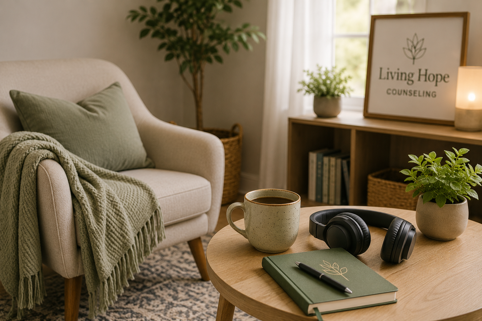 Living room with beige sofa, green pillow, green blanket, round wooden table with coffee mug, headphones, green notebook, pen, potted plant, bookshelf, window, and framed sign reading 'Living Hope Counseling'.