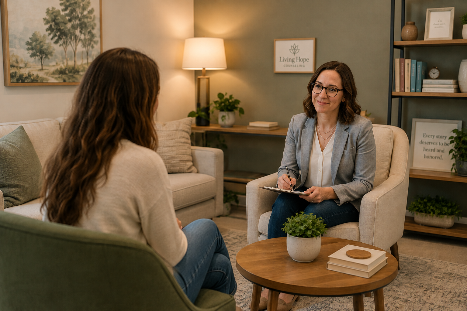A woman with glasses and shoulder-length brown hair sitting in a counseling office talking to a client. The counselor is holding a notepad and pen, smiling. The client has long, wavy brown hair, and is sitting on a green armchair with her back to the camera. The room has warm lighting, a beige sofa, framed pictures, potted plants, and books.