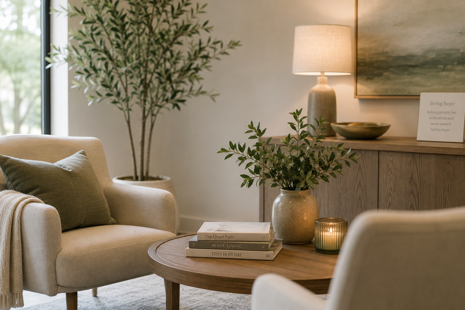 A cozy living room corner with a beige armchair and throw pillow, a round wooden coffee table with a stack of books and a potted plant, a sideboard with a lamp, a bowl, and a sign, next to a large window with greenery outside.