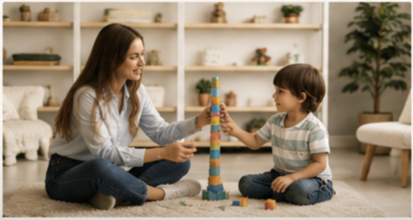 A woman and a young boy playing a tower stacking game with colorful blocks on a beige carpet in a cozy living room.