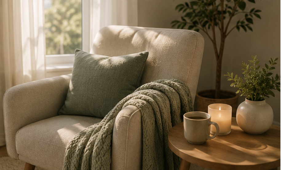 Cozy living room corner with an armchair, a green pillow, a throw blanket, a small side table with a mug, candle, and potted plant, near a window with sunlight.