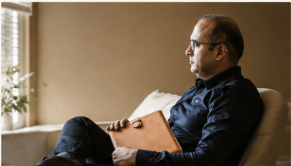 A man sitting on a beige couch holding a tan folder and looking out the window.