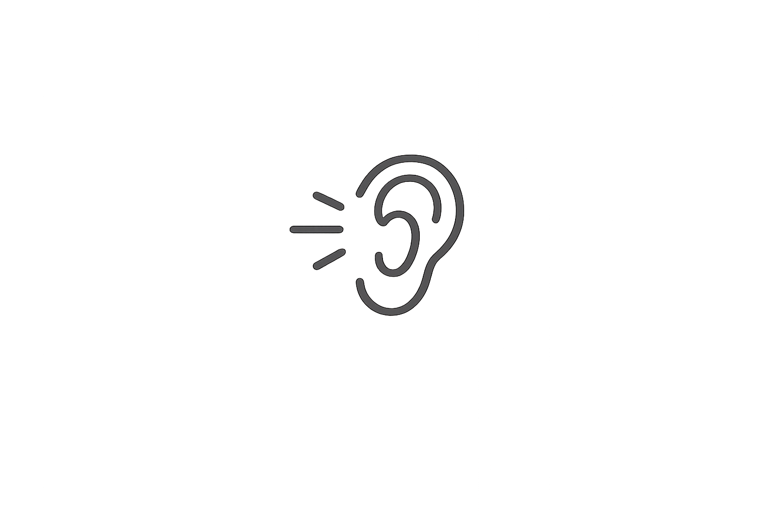 Outline illustration of a human ear with sound waves emanating from it, on a blurred background.