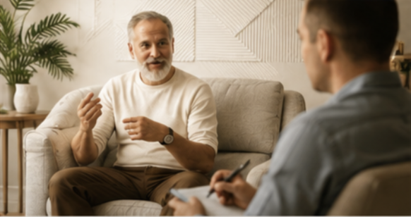 An older man with gray hair and a beard wearing a white shirt, sitting on a beige couch, talking to a younger man with short dark hair who is taking notes.