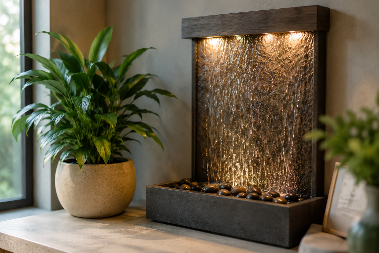 Decorative indoor water fountain with water flowing over textured surface, illuminated from above, next to green potted plant on a light-colored countertop.