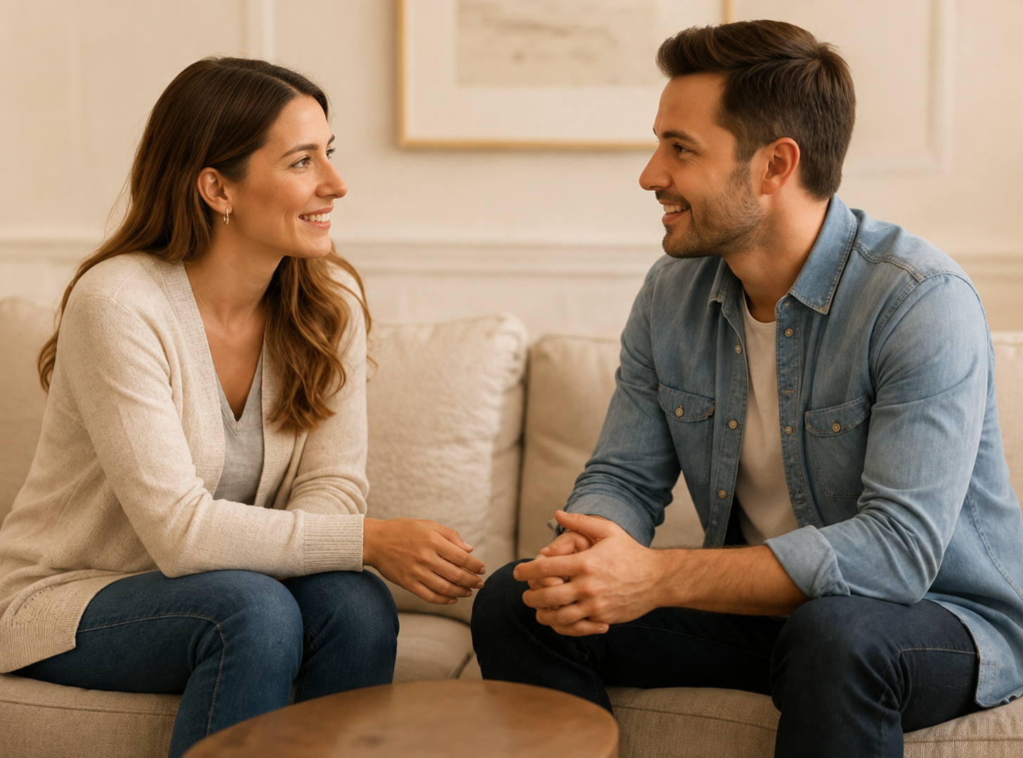 A woman and a man sitting on a beige sofa, facing each other, smiling and engaging in a conversation in a cozy, well-lit room.