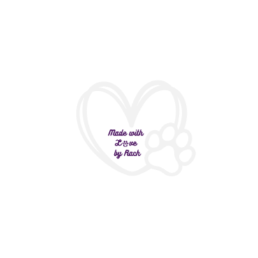 A faint heart shape with a paw print inside and the text 'Made with Love by Rach' in purple.
