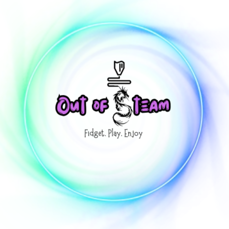 A logo for 'Out of Team' with a fidget spinner, a fur ball, and the tagline 'Fidget. Play. Enjoy' on a colorful gradient background.
