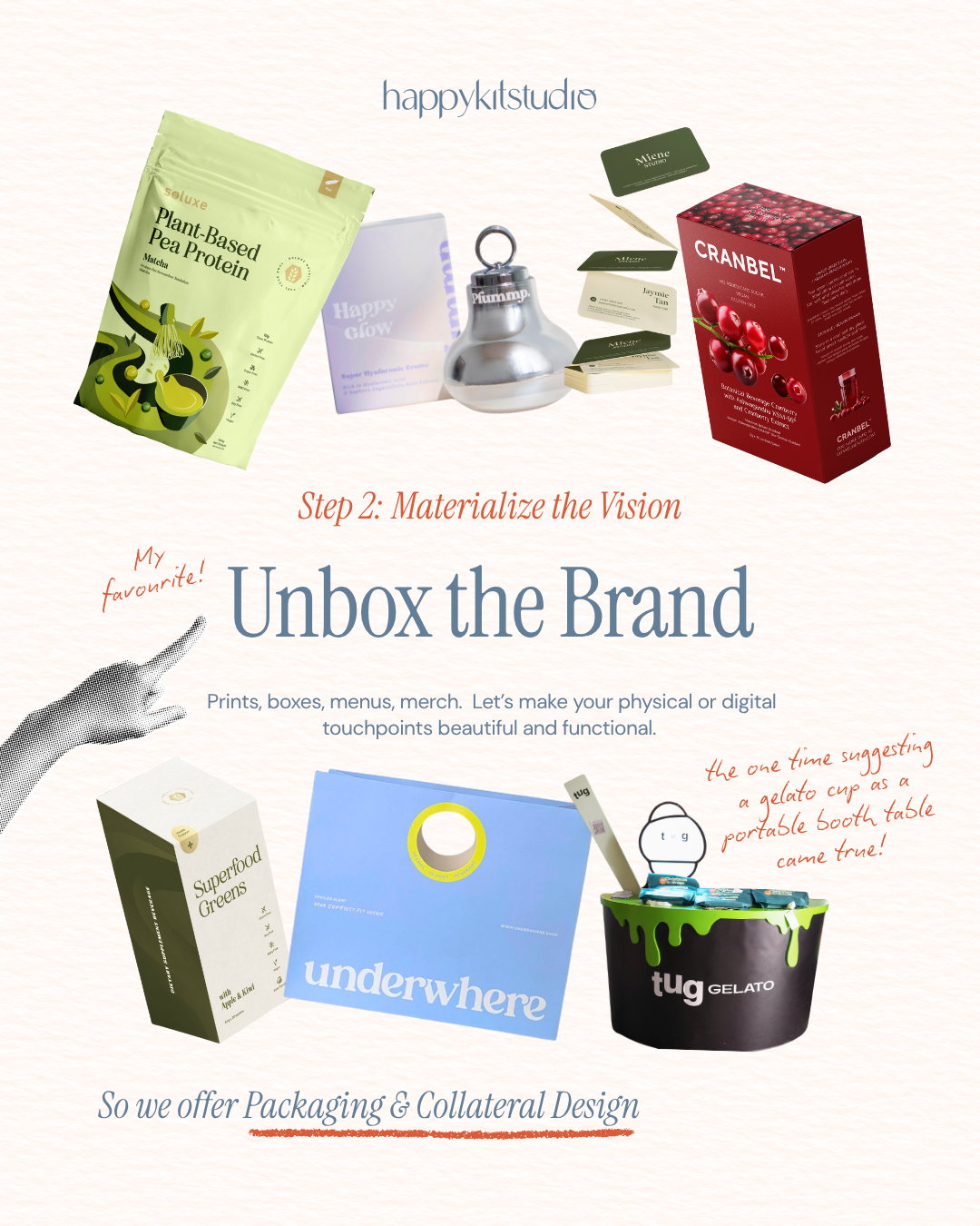A promotional graphic for a brand unboxing service, showing various product packaging designs, including tea, skincare, chocolate, superfood greens, and a gelato container, with the text 'Unbox the Brand' and descriptions of services offered.