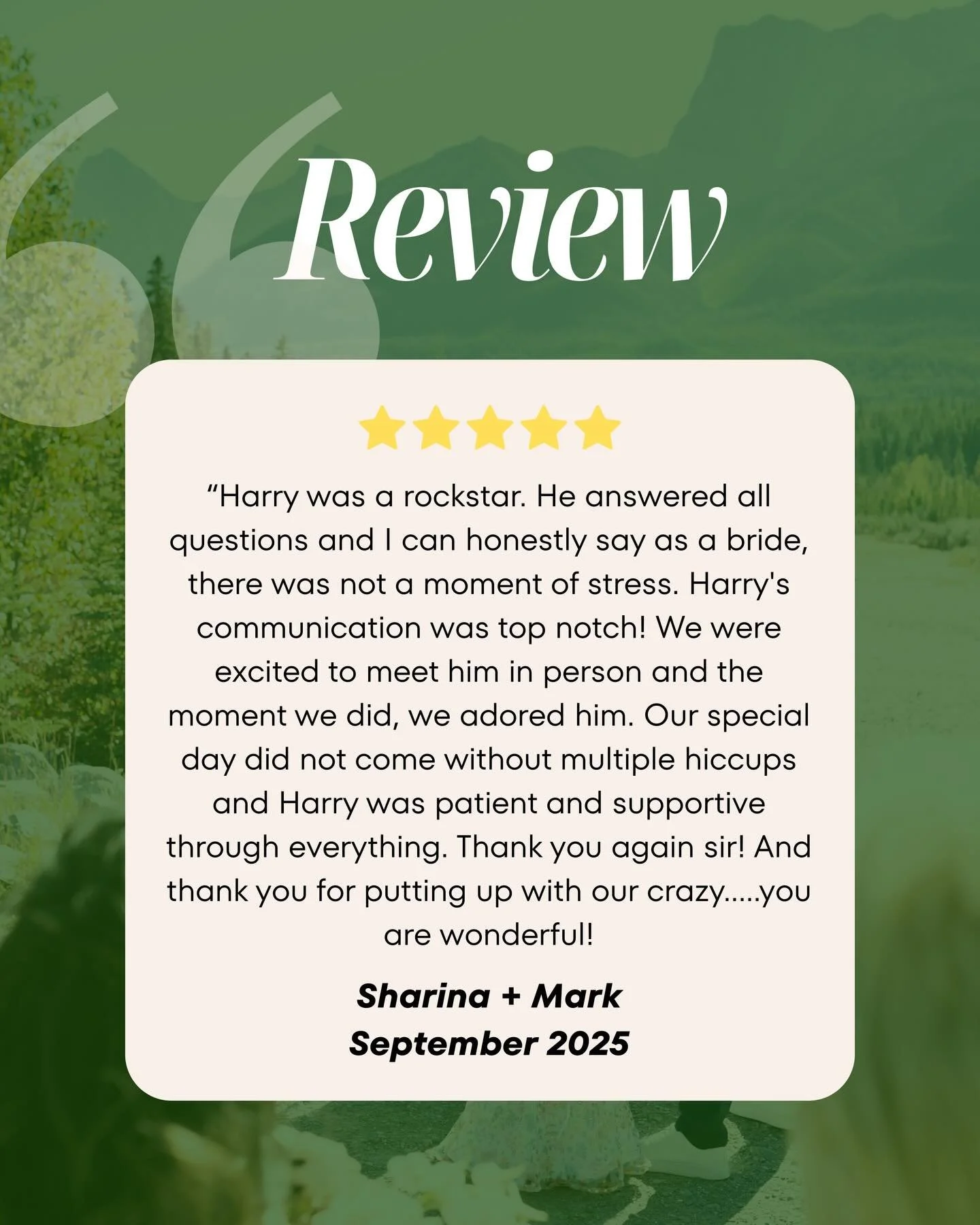 Sharing reviews on here is not as show-stopping as photos of stunning mountain weddings, I know that. However for people that are new here I feel it&rsquo;s a good way to show what it&rsquo;s like to work with me.

Also for those curious, I&rsquo;m a