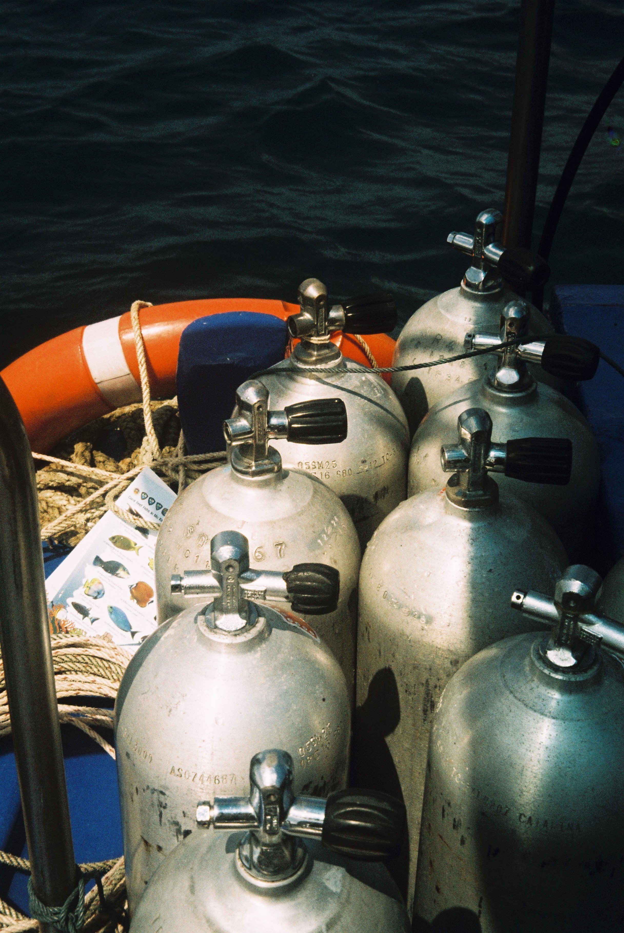 Multiple scuba tanks with valves and gauges on a boat deck, with a life preserver, ropes, and water in the background.