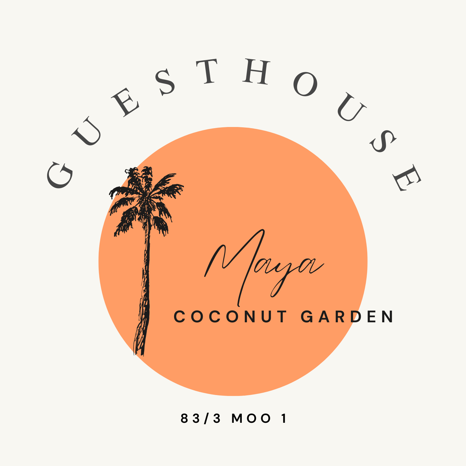 Design eines Logos für Maya Coconut Garden mit einem schwarzen Palmenillustration vor einem orangen Kreis und schwarzem, cursivem Schriftzug 'Maya', sowie dem Text 'Coconut Garden' und weiteren smalleren Texten