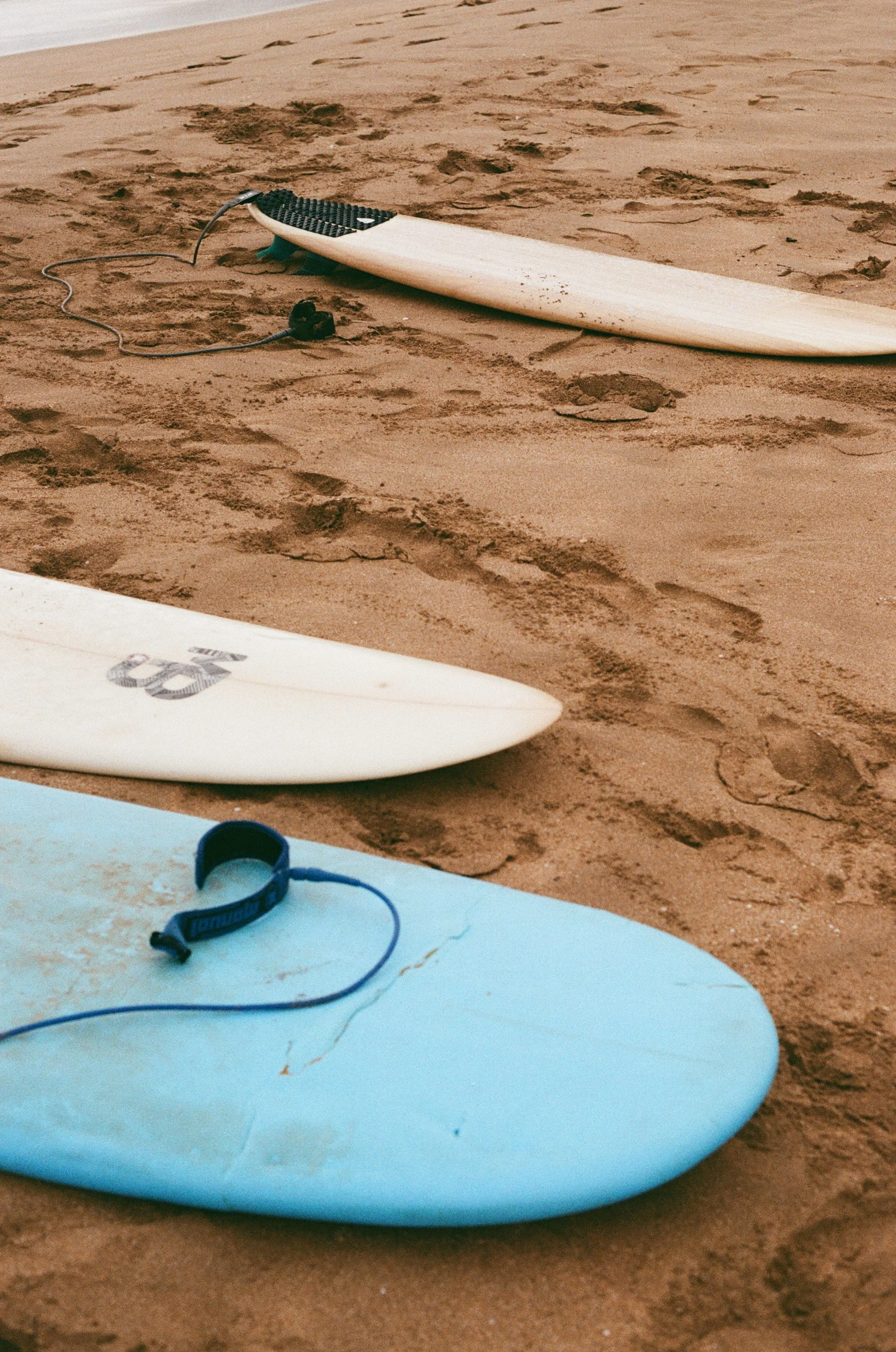 Surfboards lying on sandy beach with a surfboard leash on top.