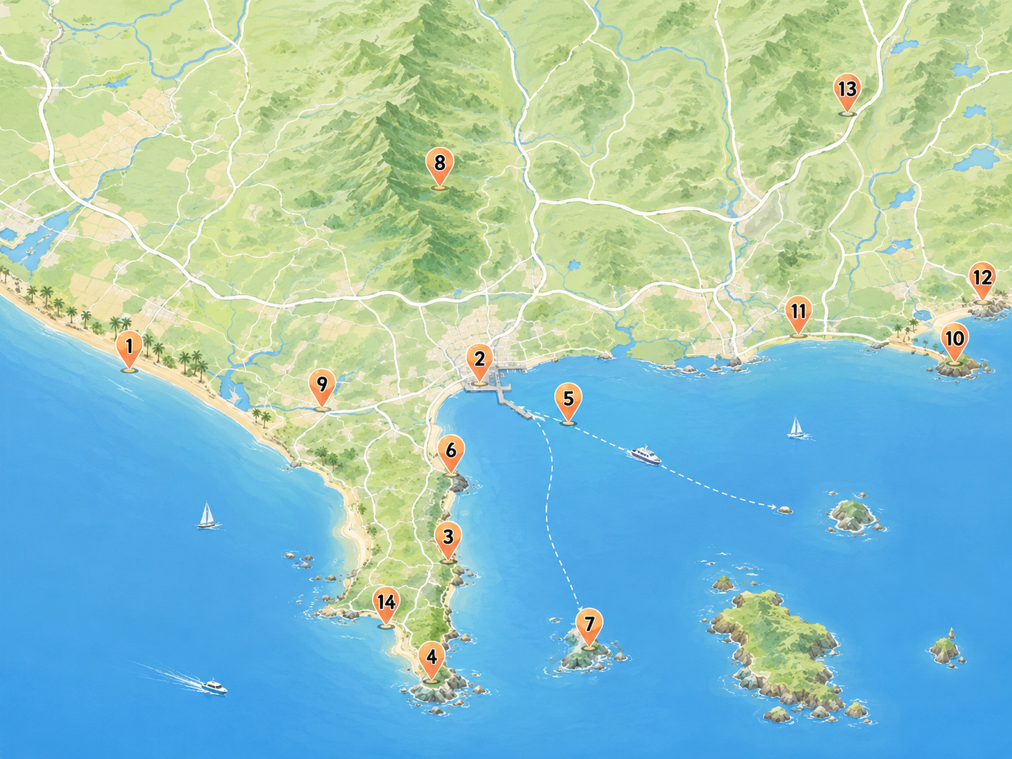 Map of the Amalfi Coast in Italy with numbered locations, including beaches, towns, and landmarks along the coast and in the sea.