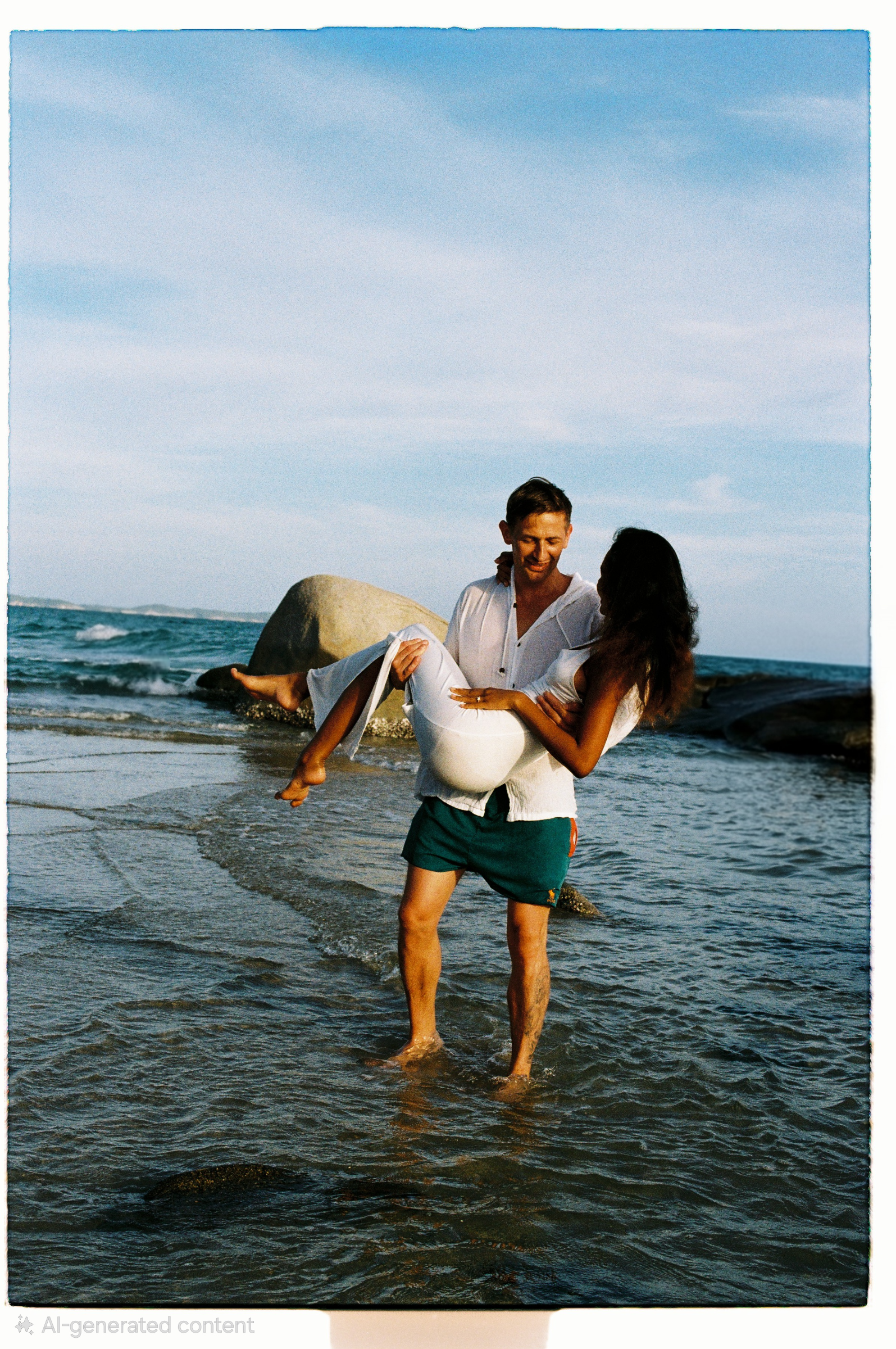 A man is holding a woman in his arms at the beach. They are standing in shallow water with rocks visible beneath their feet. The man is smiling and wearing a white shirt and green shorts, while the woman is wearing a white dress. The sky is partly cloudy.