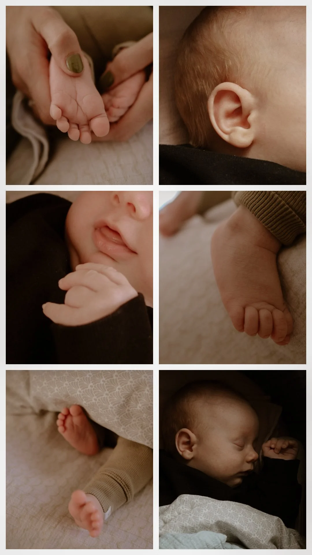Collage of close-up photos of a sleeping baby, showing various body parts including hands, face, ear, feet, and the baby lying on a blanket.