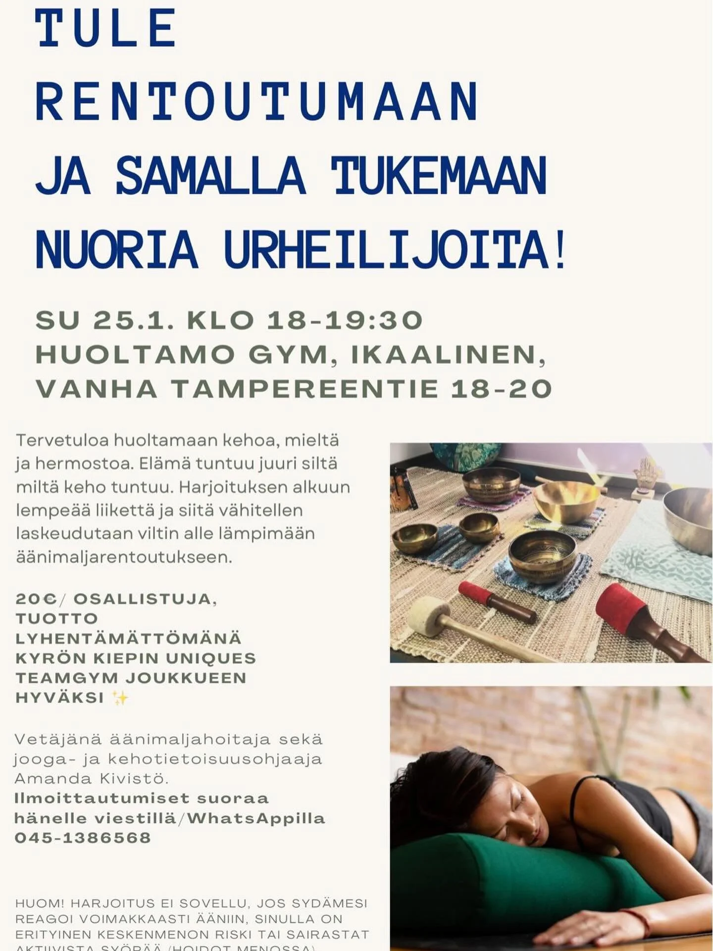 Tule &auml;&auml;nimaljarentoutukseen su 25.1. Klo 18-19.30 ja samalla tukemaan Kyr&ouml;n kiepin voimistelijoiden kisamatkaa. 🤸🤸Tuotto menee kokonaisuudessaan joukkueelle. Ilmoittautuminen  045 138 6568 viestill&auml;.
#&auml;&auml;nimalja #rentou