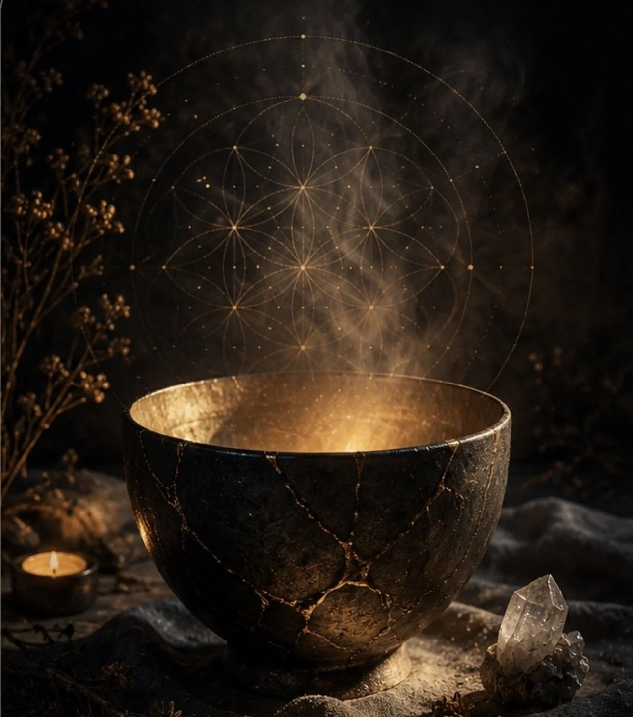 A glowing black bowl with gold cracks, emitting a warm light, with a geometric pattern of glowing lines and dots above it, surrounded by candles, crystals, and dried plants in a dark, mystical setting.