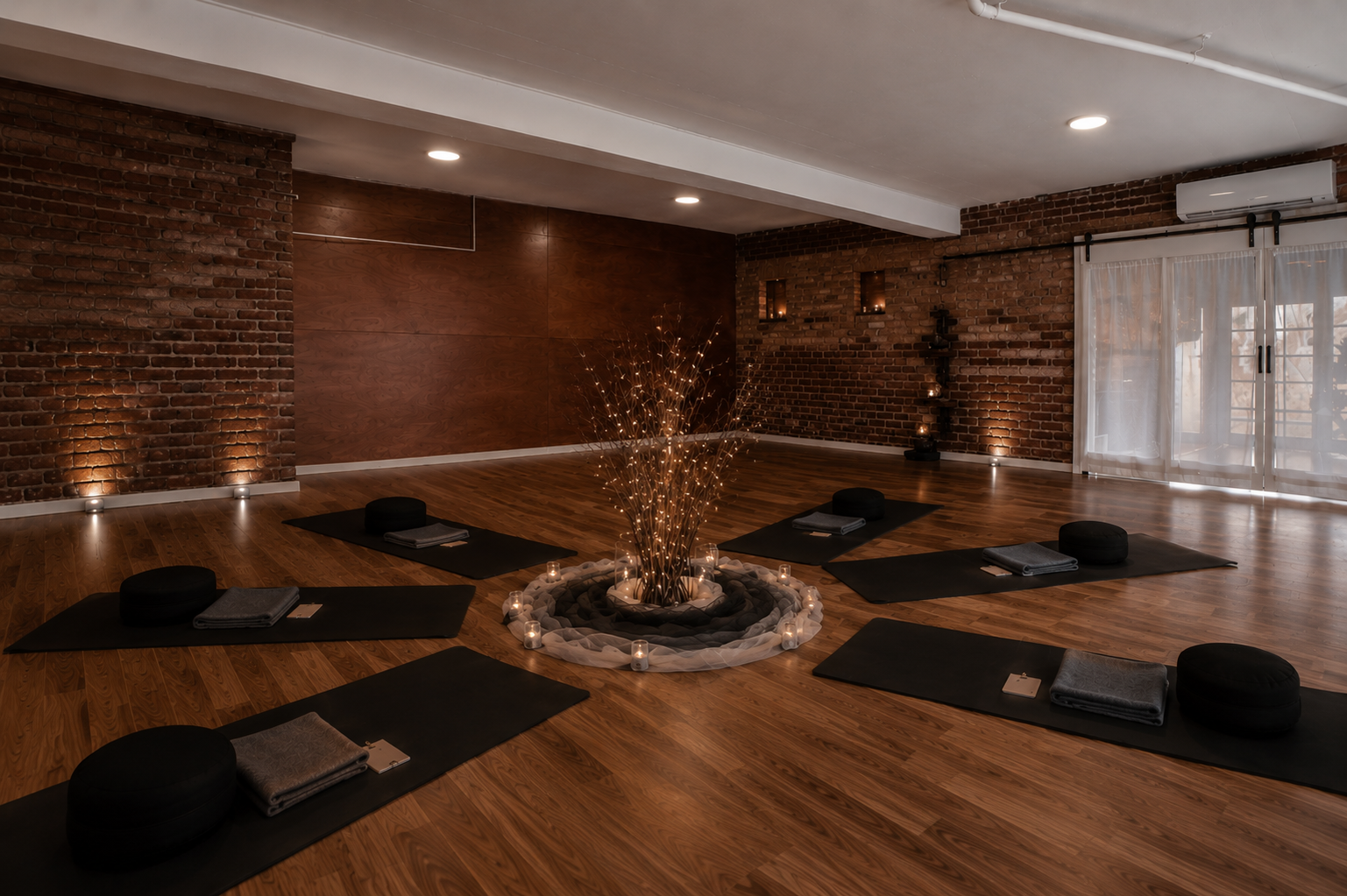 Yoga or meditation studio with black mats, round cushions, folded towels, and small candles around a central decorative branch with lights, brick walls, hardwood floor, and sheer curtains on windows.