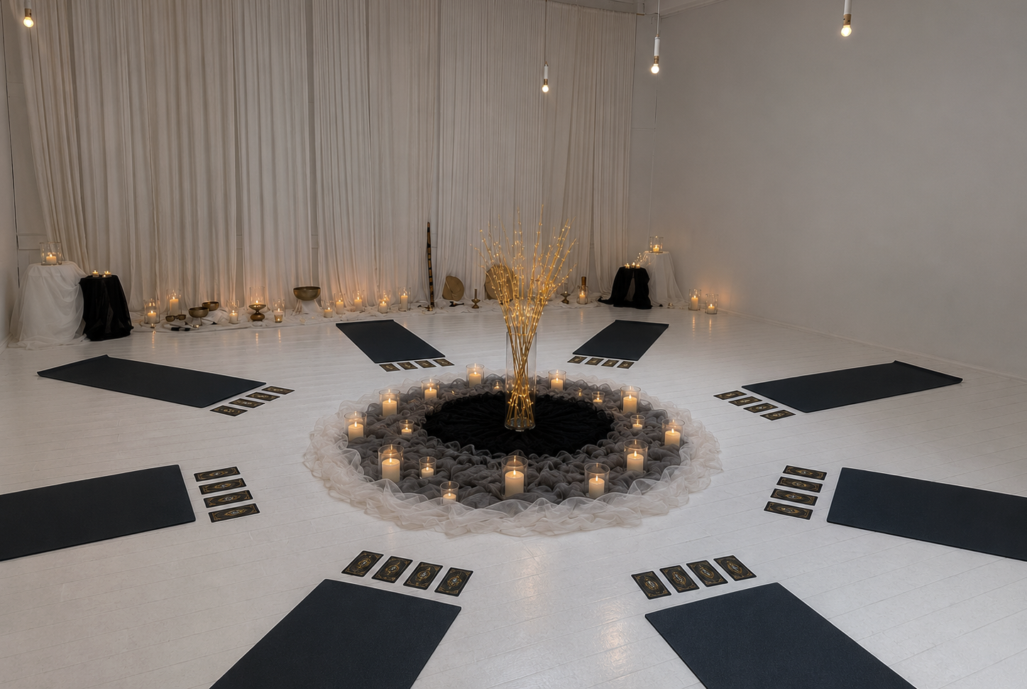 A circular yoga or meditation space decorated with candles, tarot cards, and spiritual objects. Black mats are arranged outside the circle for participants, with candles and spiritual items on the perimeter and central golden sculpture with decorative branches.