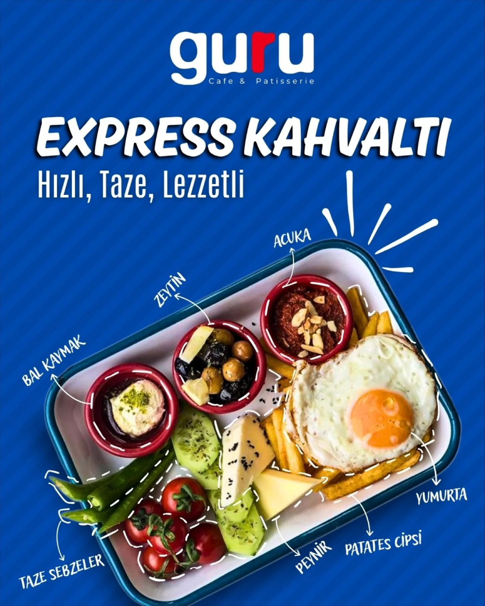 💛 Sabah uyanmanın en g&uuml;zel nedeni: Guru Kahvaltı!
Yumurtası tam kıvamında 🍳
Sebzeleri taze, patatesi &ccedil;ıtır, acukası efsane!
Express Kahvaltı ile sabahın enerjisi tabağında! 🌞
Hızlısın ama lezzetten &ouml;d&uuml;n vermek istemiyorsan,
G