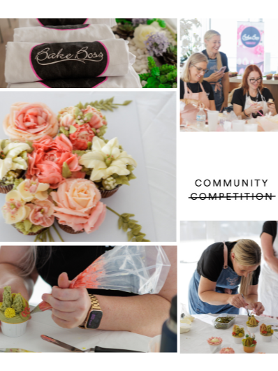 Collage of images from a baking community competition, including a Bake Boss bag, women decorating cupcakes, floral arrangements, a woman piping icing on cupcakes, and a sign for the competition.