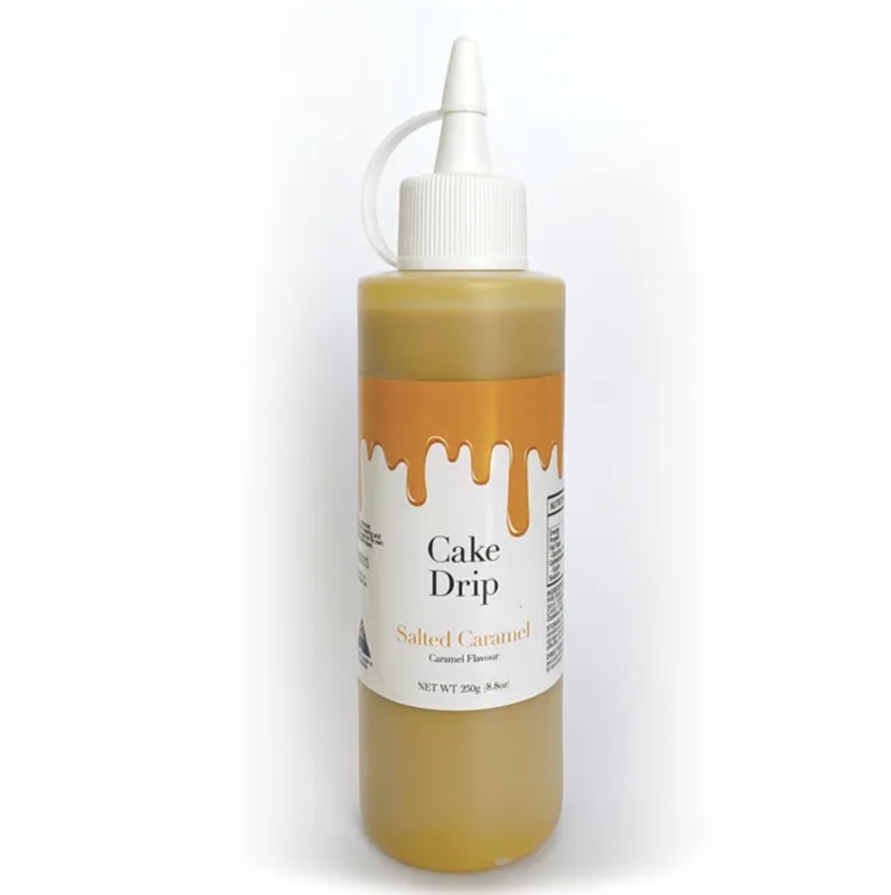 Bottle of Cake Drip in Salted Caramel flavor with caramel drip design on the label