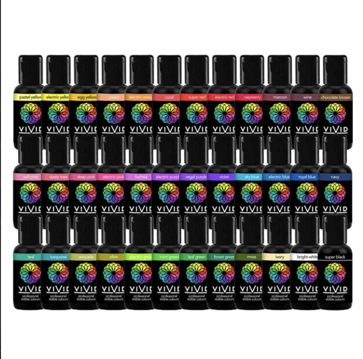 Collection of 30 bottles of vibrant nail polish with black caps, arranged in four rows, showcasing various colors and shades.