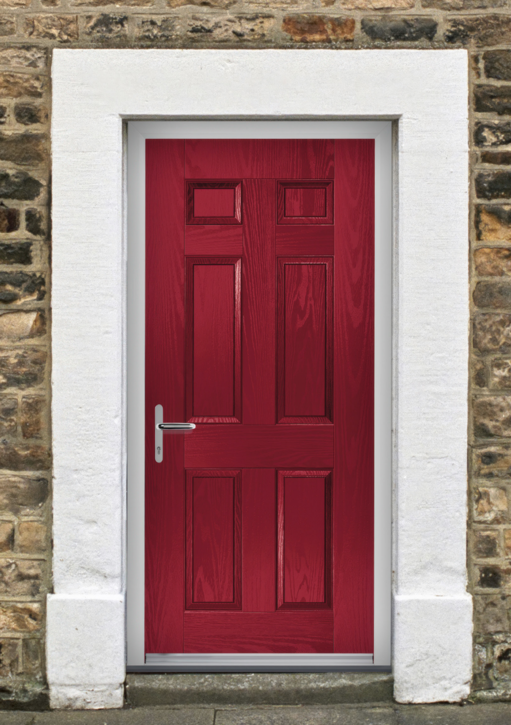 Red wooden front door with a silver handle, framed by white trim, set into a brick wall.