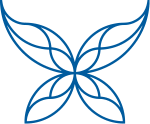 A symmetrical butterfly-shaped design with intricate line patterns in blue on a black background.