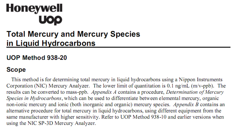 Analysis Mercury in Liquid Hydrocarbons UOP Method 938-20