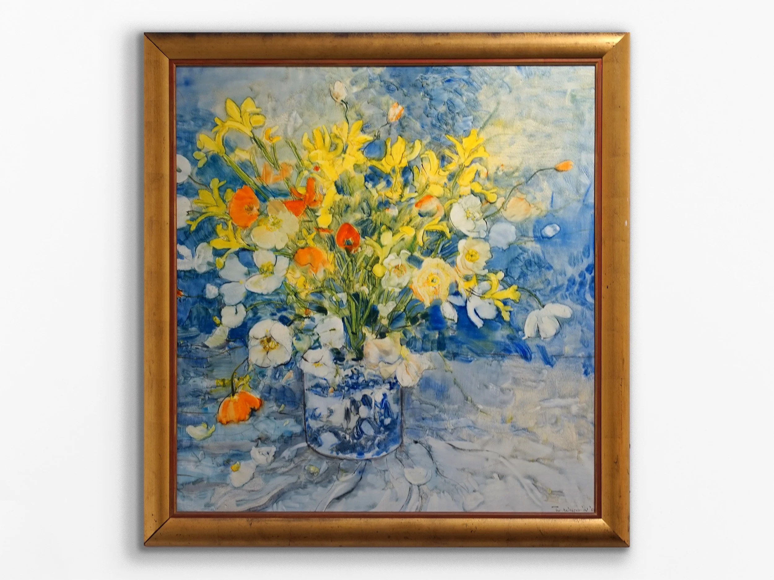 Still life with blue vase and daffodils
