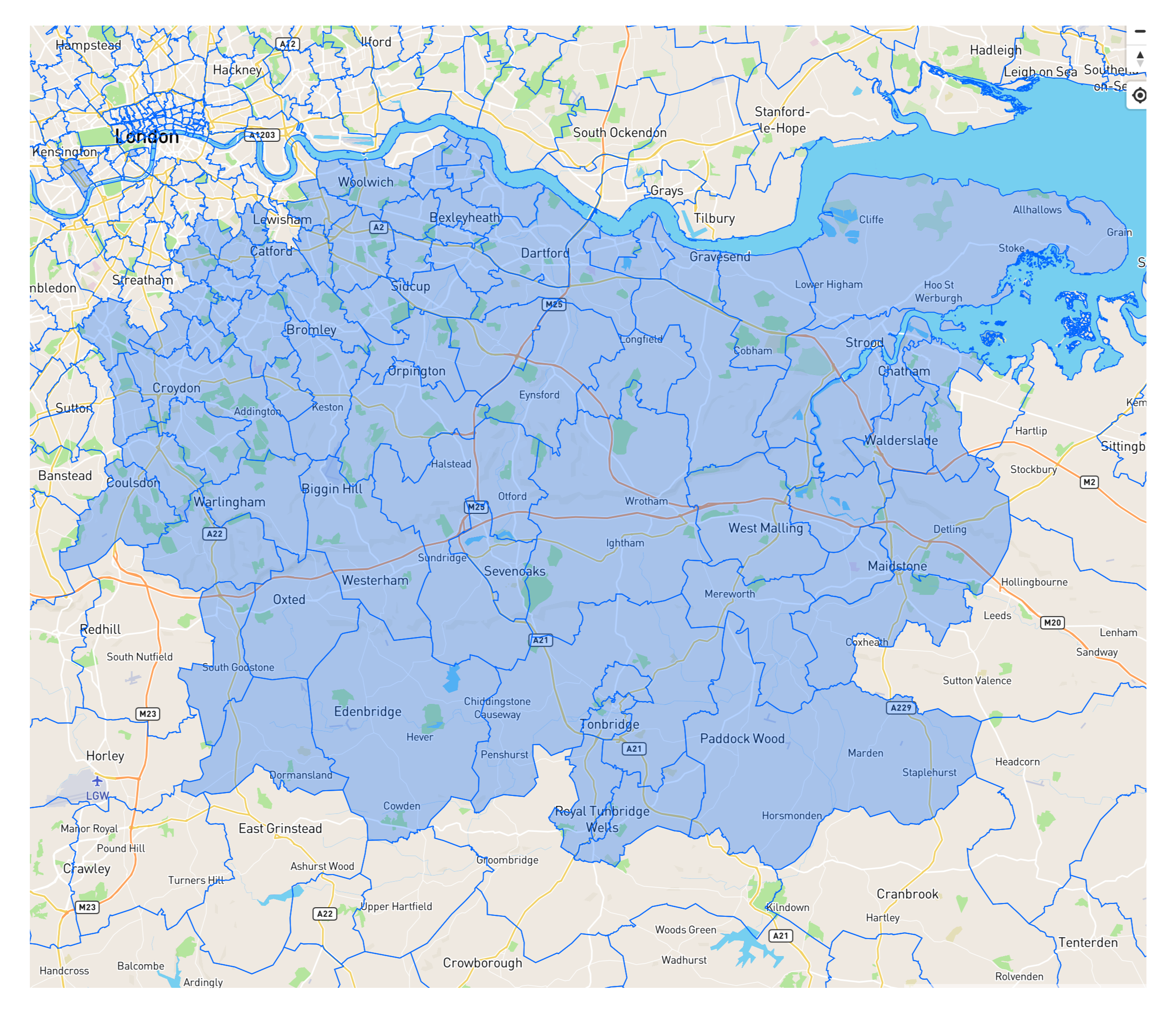 Map showing the River Thames and surrounding neighborhoods in London, marked with multiple blue boundaries.