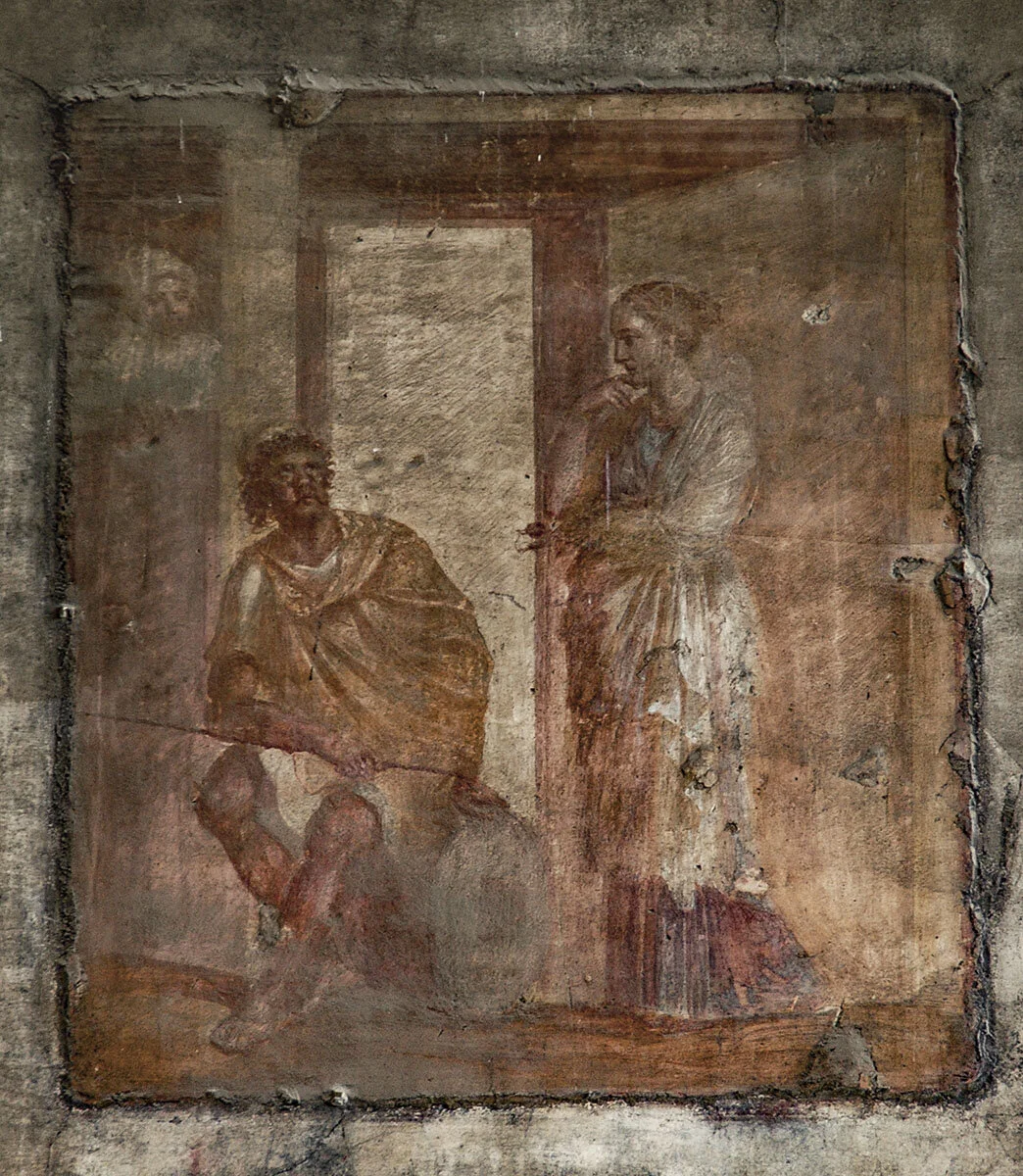 Penelope and Odysseus in a mural from the macellum in Pompeii. Is the attitude of Penelope inspired by Zeuxis' painting? It is not impossible. The same attitude inspired Jean-Auguste Dominique Ingres for his Stratonice many, many centuries later.