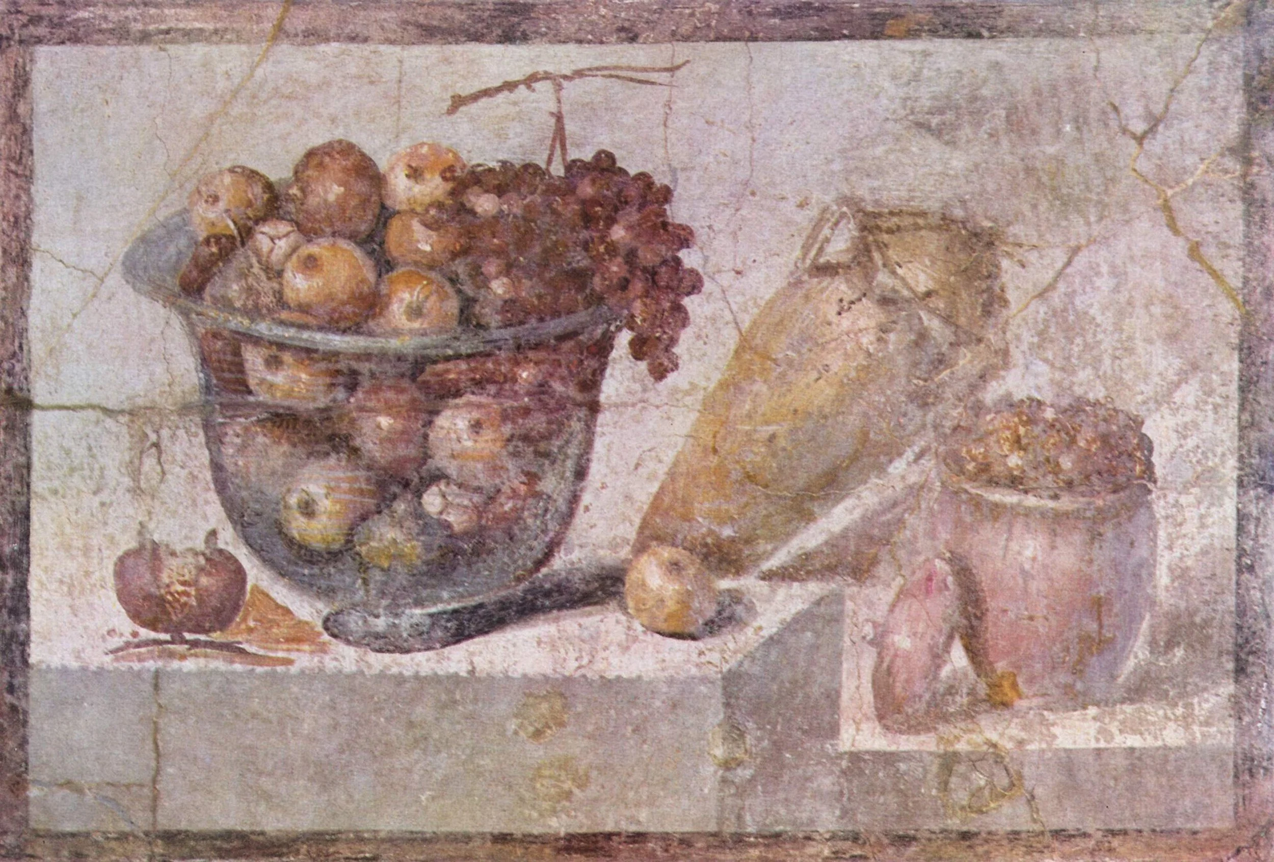 Still life with glass bowl of fruit and vases, from the House of Julia Felix in Pompeii.