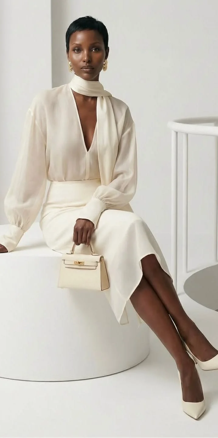 A woman with short black hair, wearing an elegant cream-colored outfit including a long-sleeve blouse, a matching skirt, and high heels, sitting on a round white bench in a minimalistic white space, holding a small cream handbag.