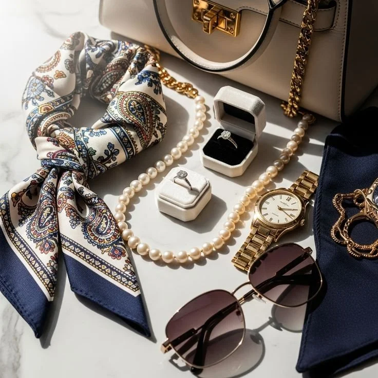 A collection of jewelry and accessories including a pearl necklace, a pair of sunglasses, a gold watch, a paisley patterned silk scarf, a pearl ring, a decorative ring, a handbag, and a jewelry box with rings.