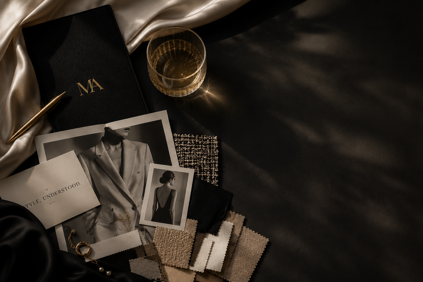 An overhead view of fashion and design items on dark fabric, including a black notebook with gold initials, a glass of whiskey, black and white fashion photographs, fabric swatches in neutral tones, a pearl bracelet, and a gold pen, with satin fabric partially draped.