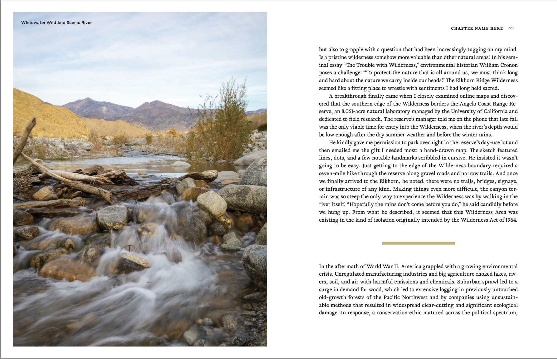 Photo of Whitewater Wild and Scenic River with rocky stream, driftwood, and mountains in the background under a blue sky. Accompanying text on environmental preservation and challenges.